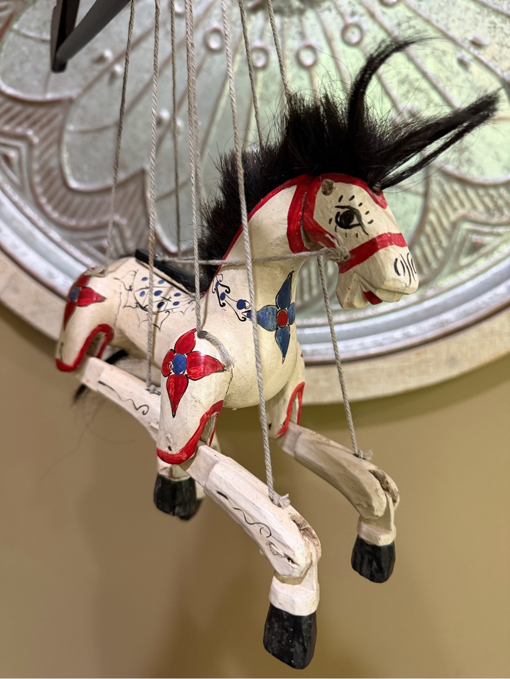 Vintage Burmese Folk Art Hand Painted Carved Wooden marionette Horse Puppet 40s - Picture 3 of 6